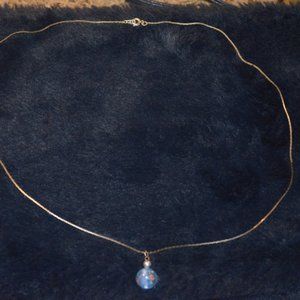 Pendant Necklace Blue Glass Ball Rose Flower Inside Silverton Chain Fastener